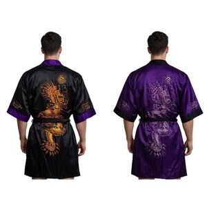 1990s–Y2K Moll Reversible Dragon Embroidered Satin Kimono Robe OSFM